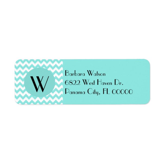 Stylish Aquamarine Chevron & Monogram Label (Front)