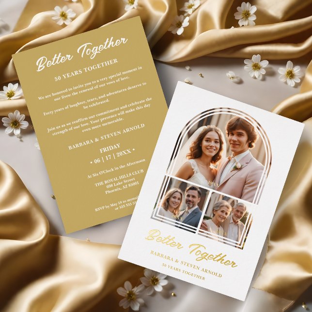 Stylish Arch 3 Photos Elegant Wedding Anniversary  Foil Invitation (Stylish Arch 3 Photos Elegant Wedding Anniversary Gold Metallic Foil Invitation Card as a Time Life.)