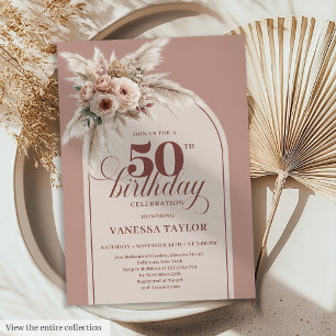 Stylish Arch Pastel Pink Pampas Floral 50 Birthday Invitation