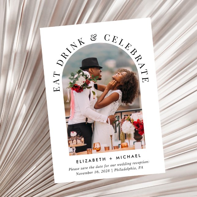 Stylish Arch Photo Wedding Reception Save The Date (Celebrate your love story with a reception save the date showcasing your photo in an arch frame)