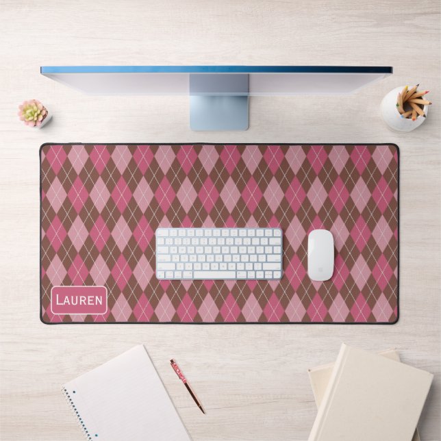 Stylish Argyle Pattern - Pink & Brown Custom Name Desk Mat (Office 1)