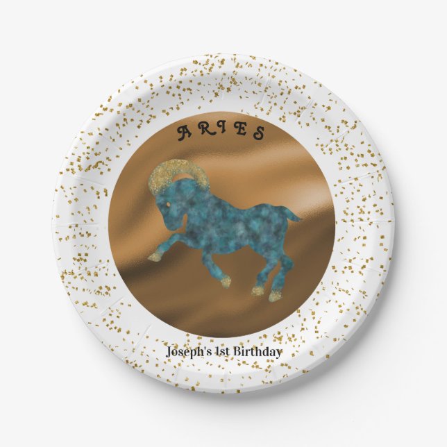 Stylish Aries 1st Birthday & Gold Confetti Paper Plates (Front)