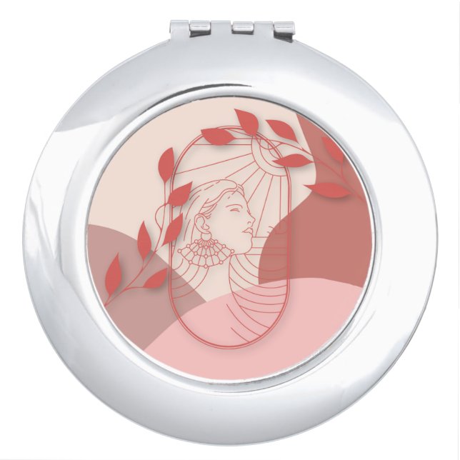 Stylish Art Deco Female Face Line Drawing Leaves Compact Mirror (Front)