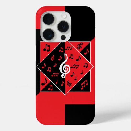 Stylish Art Deco Music Notes Red Black White iPhone 15 Pro Case
