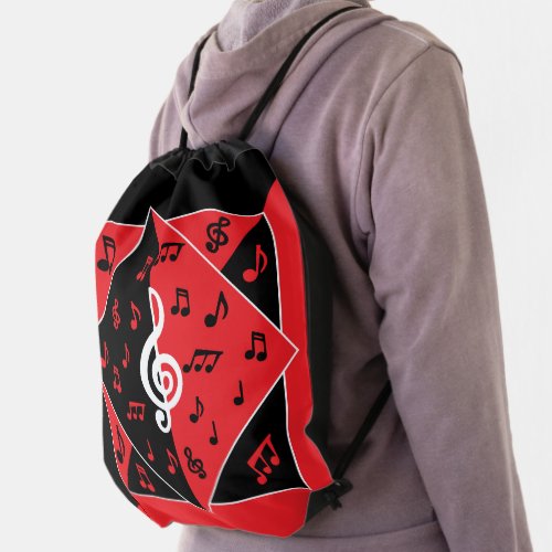 Stylish Art Deco Music Notes Red Black White Drawstring Bag