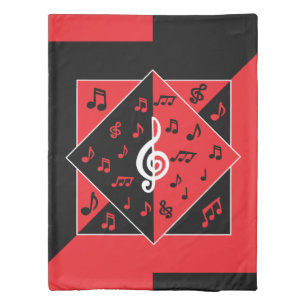 Stylish Art Deco Music Notes Red Black White Duvet Cover