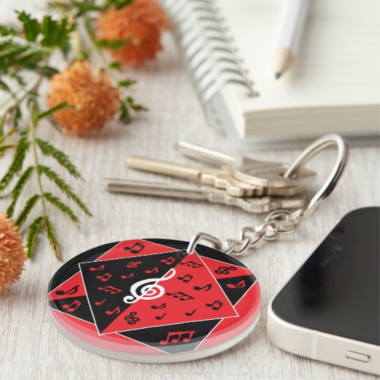 Stylish Art Deco Music Notes Red Black White Keychain