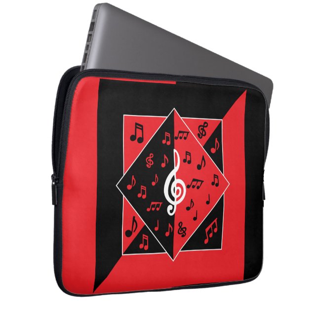 Stylish Art Deco Music Notes Red Black White Laptop Sleeve (Front Right)