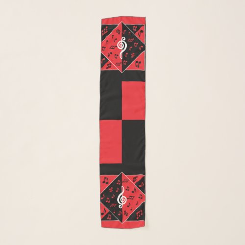 Stylish Art Deco Music Notes Red Black White Scarf