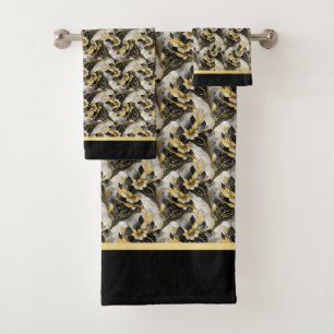 Stylish Asian Black and Gold Floral Towel Set 