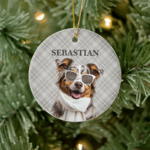 Stylish Australian Shepherd Dog and Plaid Custom Ceramic Ornament