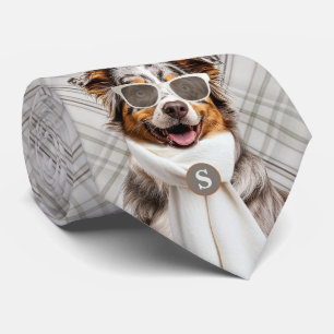 Stylish Australian Shepherd Dog and Plaid Monogram Neck Tie