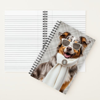 Stylish Australian Shepherd Dog and Plaid Monogram Notebook