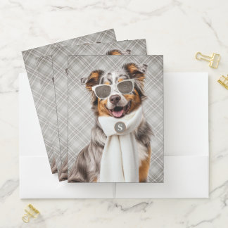Stylish Australian Shepherd Dog and Plaid Monogram Pocket Folder