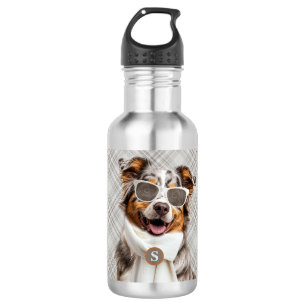 Stylish Australian Shepherd Dog and Plaid Monogram Stainless Steel Water Bottle
