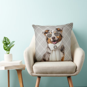 Stylish Australian Shepherd Dog and Plaid Monogram Throw Pillow