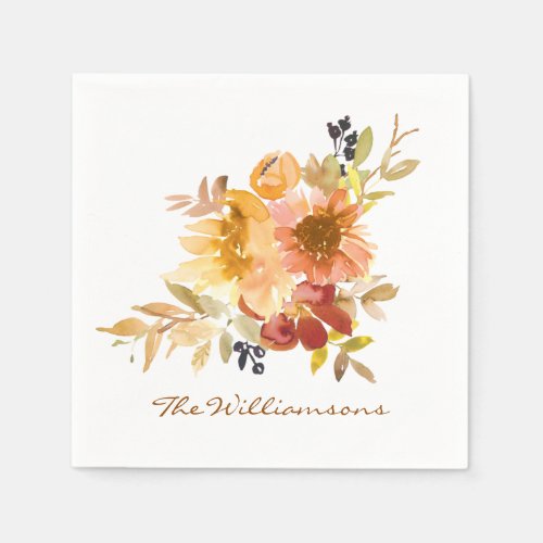 Stylish Autumn Fall Watercolor Floral Personalized Napkins