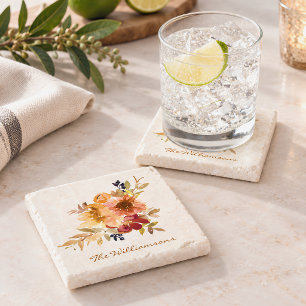 Stylish Autumn Fall Watercolor Floral Personalized Stone Coaster