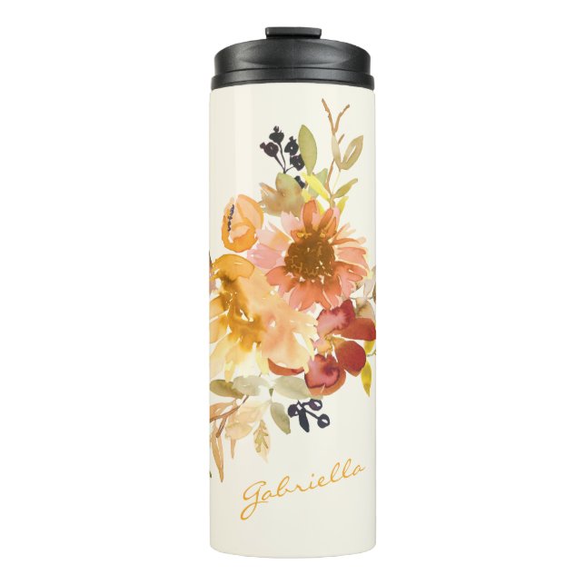 Stylish Autumn Fall Watercolor Floral Personalized Thermal Tumbler (Front)