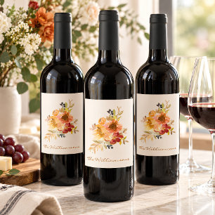Stylish Autumn Fall Watercolor Floral Personalized Wine Label