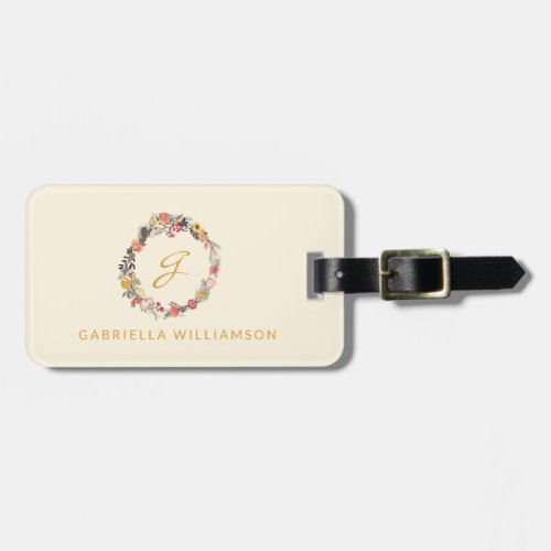 Stylish Autumn Floral Wreath Monogrammed Name  Luggage Tag