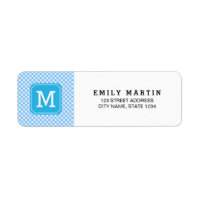 Stylish Baby Blue Gingham Monogram Address Label