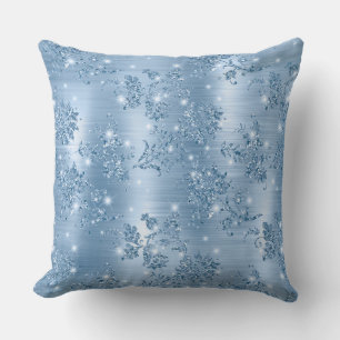 Stylish Baby Blue Glitter and Foil Floral Throw Pillow