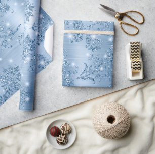 Stylish Baby Blue Glitter and Foil Floral Wrapping Paper