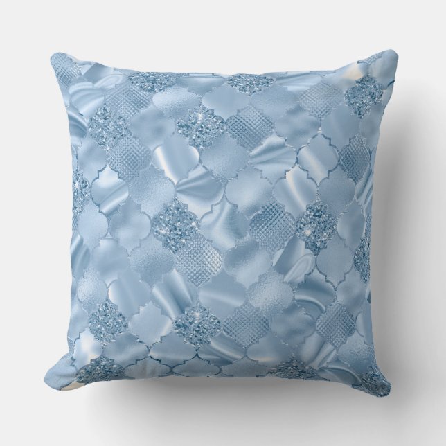 Stylish Baby Blue Glitter and Foil Quatrefoil Throw Pillow (Front)