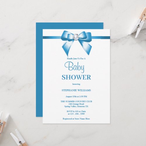 Stylish Baby Blue Jewel Bow Baby Shower Invitation
