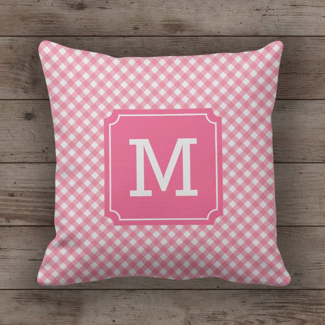 Stylish Baby Pink Gingham Name Monogram Throw Pillow (Creator Uploaded)