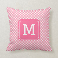 Stylish Baby Pink Gingham Name Monogram Throw Pillow