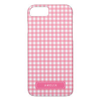 Stylish Baby Pink Gingham Personalize Name iPhone 8/7 Case