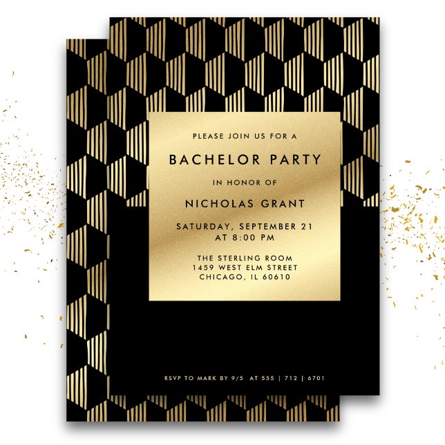 Stylish Bachelor Party Modern Black and Gold Foil Invitation (Creator Uploaded)