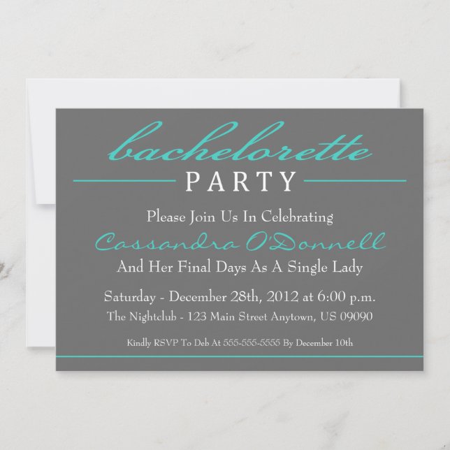 Stylish Bachelorette Party Invitations (Teal) (Front)