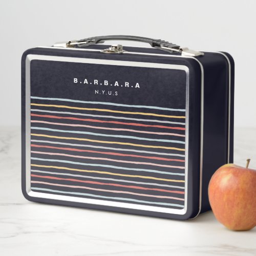 Stylish Back to School Colorful Stripes Monogram Metal Lunch Box