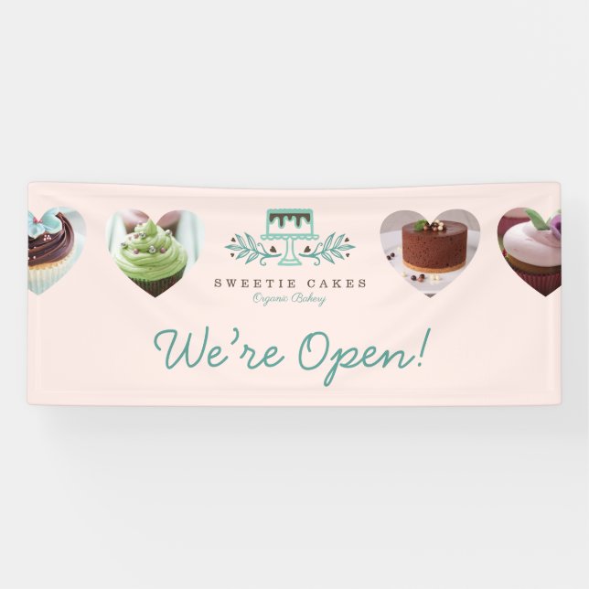 Stylish Bakery Cake Logo & Heart Photo Were Open Banner (Horizontal)