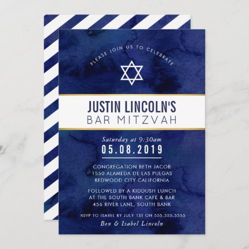 STYLISH BAR MITZVAH classy minimal navy blue gold Invitation