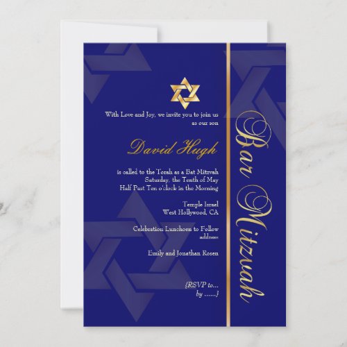 Stylish Bar Mitzvah/dark blue/gold Personalized Invite