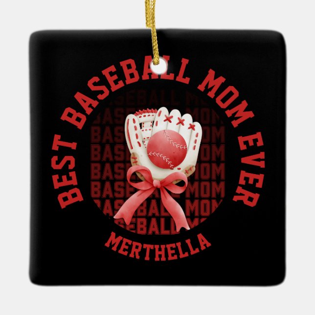 Stylish BASEBALL MOM Custom Name Ceramic Ornament (Front)