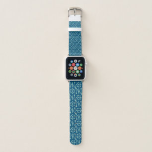 Stylish Batik Floral Drawing Pattern in Teal Blue Apple Watch Band