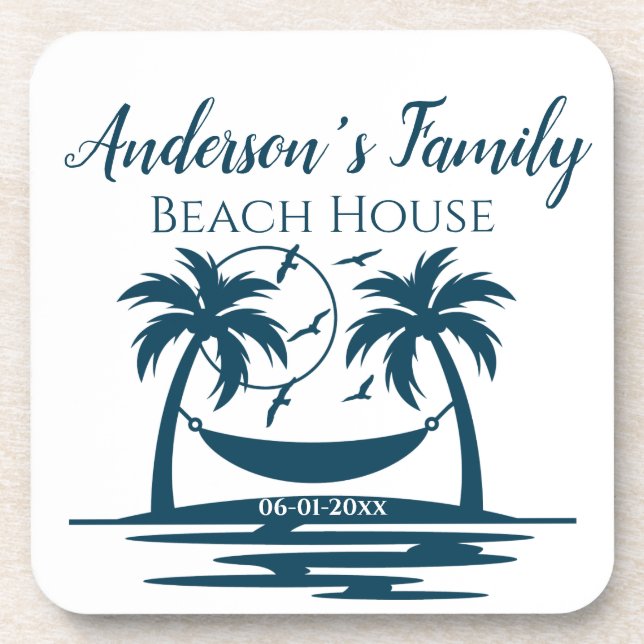 Stylish Beach House Palm Tree Hammock Family Name  Beverage Coaster (Front)