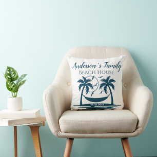 Stylish Beach House Palm Tree Hammock Family Name Throw Pillow