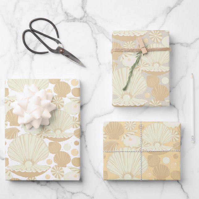 Stylish Beach Shell Pattern Beige and Cream Wrapping Paper Sheets (Front)