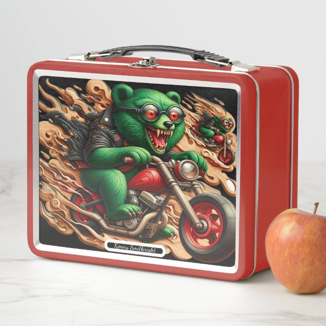 Stylish Bear on a Motorcycle Metal Lunch Box (In Situ)