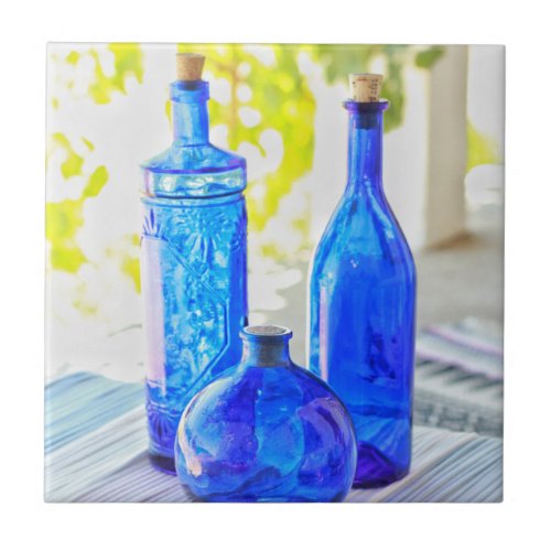Stylish Beautiful 3 Blue Glass Sunny Bottles Ceramic Tile