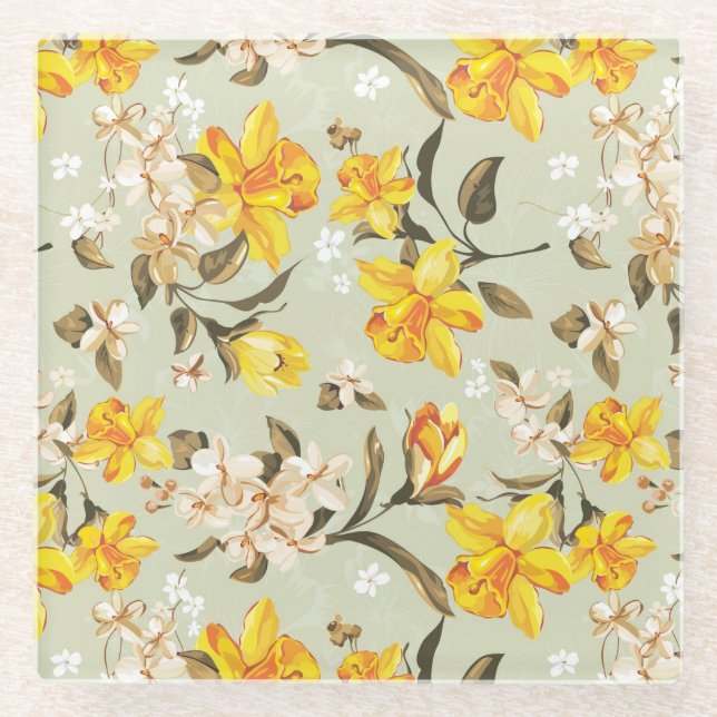 Stylish beautiful bright floral pattern glass coaster (Front)