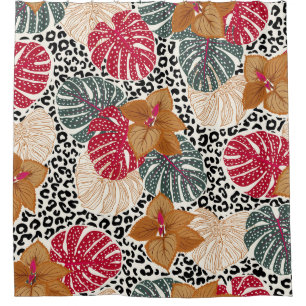 Stylish beautiful tropical forest print on leopard shower curtain