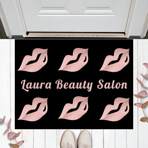 Stylish Beauty Salon Glam Rose Gold Lips  Black  Doormat