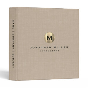 Stylish Beige Linen Gold Monogram 3 Ring Binder
